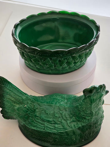 Jade Malachite Glass hen on nest with lid Bowl