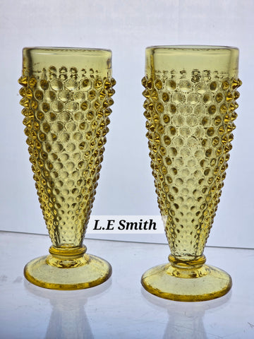 2 .L.E Smith Glass yellow HOBNAIL bud vase