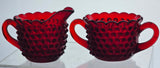 L E Smith red hobnail Glass sugar and creamer