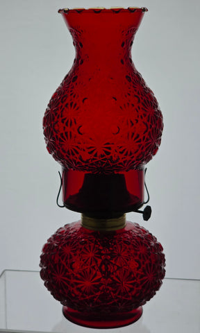 LE Smith red oil lamp daisies and buttons
