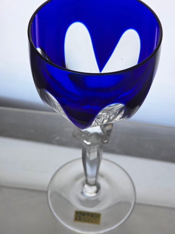 Hand Cut to clear blue wine glass