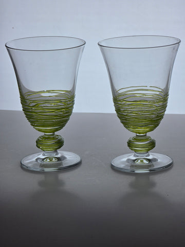 Pair Art glass green tread wine glasses