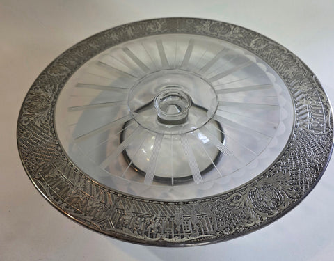 Silver overlay glass cake plate