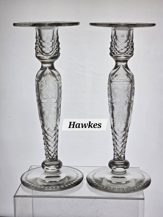 Pair Signed Hawkes hand Cut Glass candle sticks Antique auction