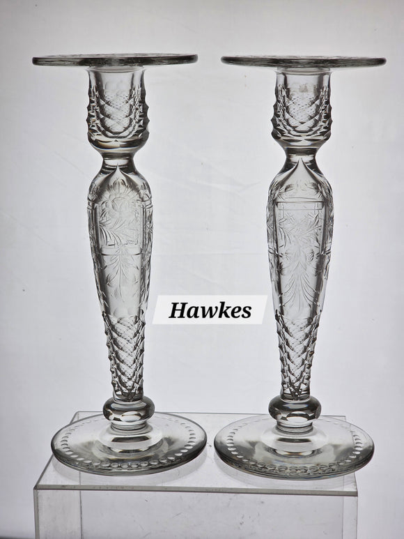 Pair Signed Hawkes hand Cut Glass candle sticks Antique auction