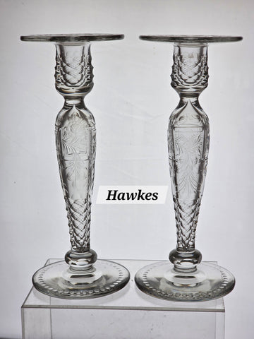 Pair Signed Hawkes hand Cut Glass candle sticks Antique