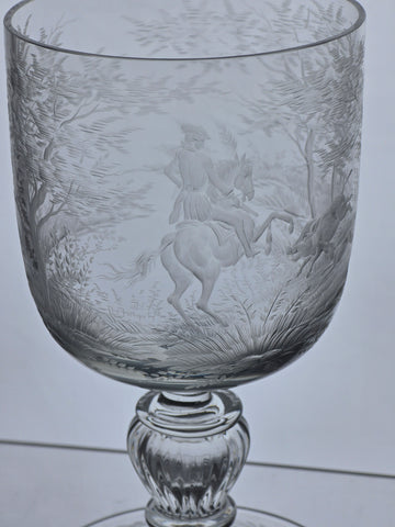 Copper wheel engraved Hunt scene glass chalice crystal