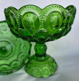 Moon and star green Glass footed dish with lid L.E Smith
