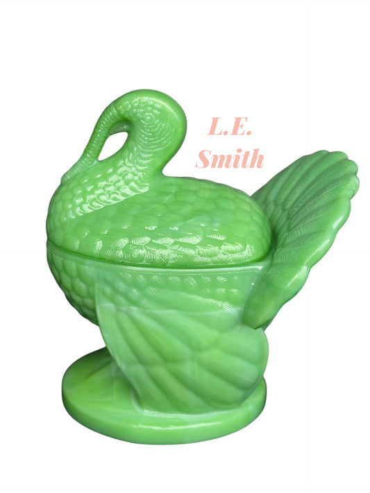 L.E Smith Glass Jadeite Turkey soup bowl auction