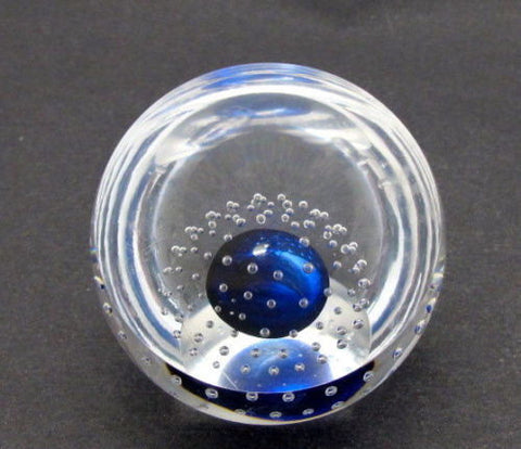 Blue Glass  hand made paperweight air bubbles half dome - O'Rourke crystal awards & gifts abp cut glass