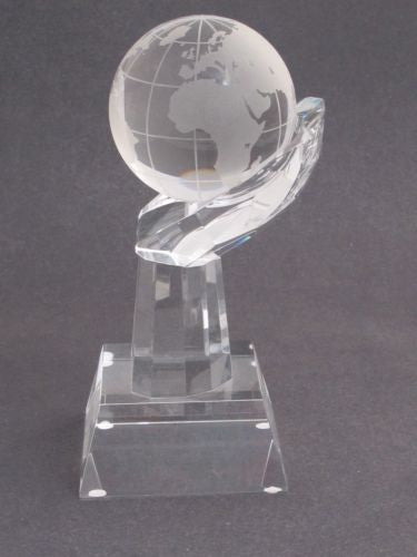 World Globe optical GLASS  in hand 5.25" high, Award Gift boxed - O'Rourke crystal awards & gifts abp cut glass