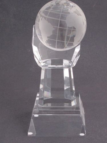 World Globe optical GLASS  in hand 5.25" high, Award Gift boxed - O'Rourke crystal awards & gifts abp cut glass