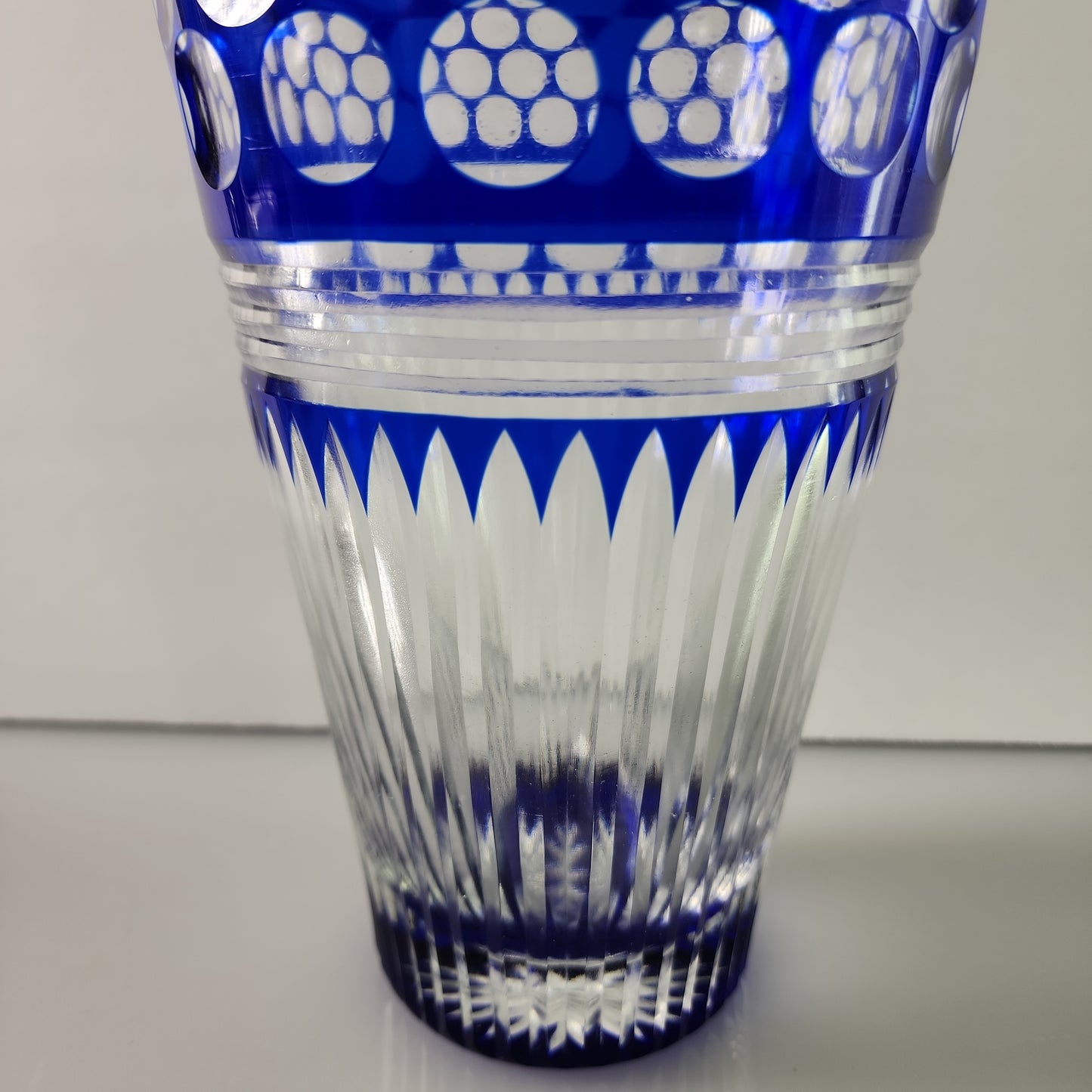 Hand Cut Glass blue vase cut to clear