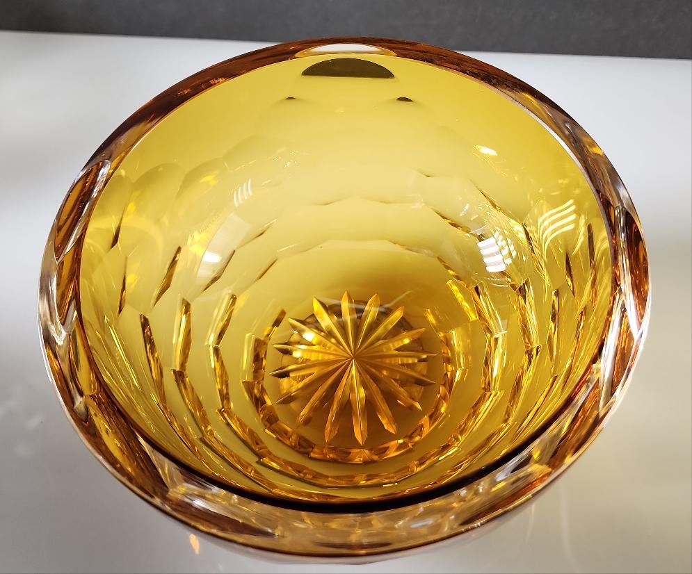 Hand cut and hand polished amber crystal bowl Honeycomb pattern