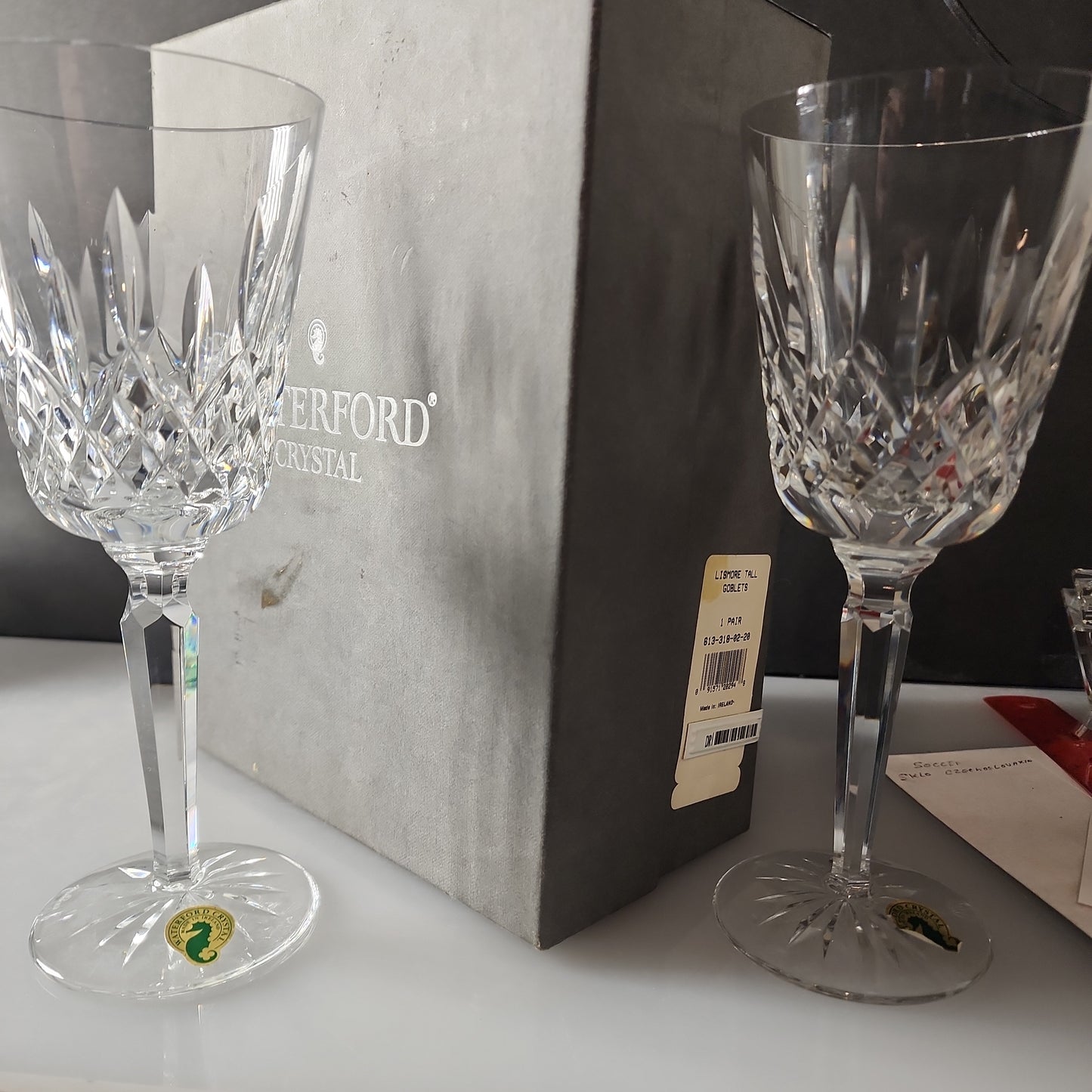 Signed Waterford CUT GLASS Lismore tall goblets pair crystal Ireland