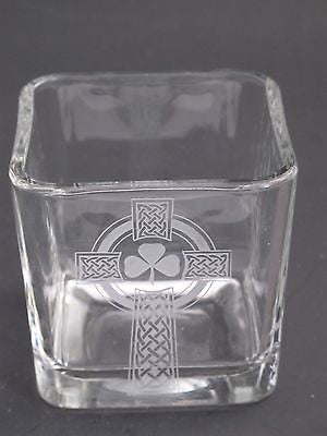 Glass candle votive, Celtic  shamrock cross  gift Can be customized - O'Rourke crystal awards & gifts abp cut glass