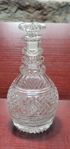 Hand Cut glass 3 ring neck decanter with mushroom stopper Antique