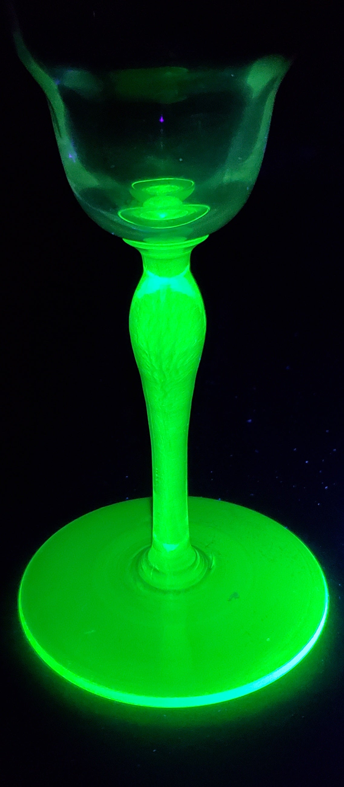 Green stem glass goblet Uranium stem and foot bowl is clear, 2 pieces