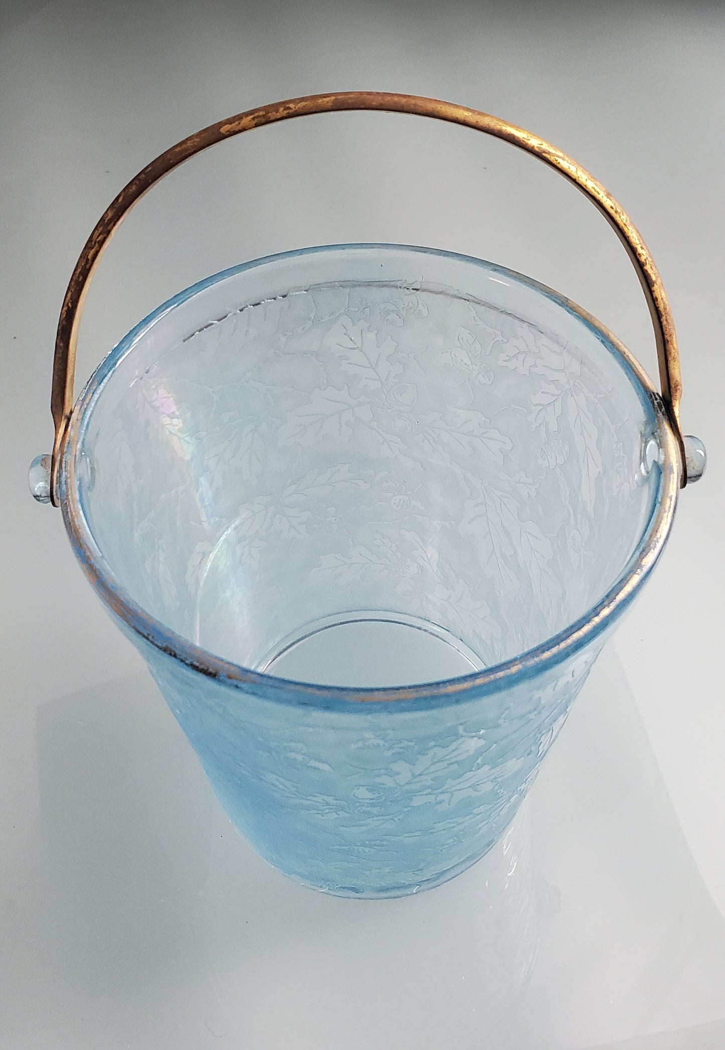 Etched blue glass ice bucket with handle