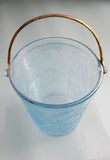 Etched blue glass ice bucket with handle