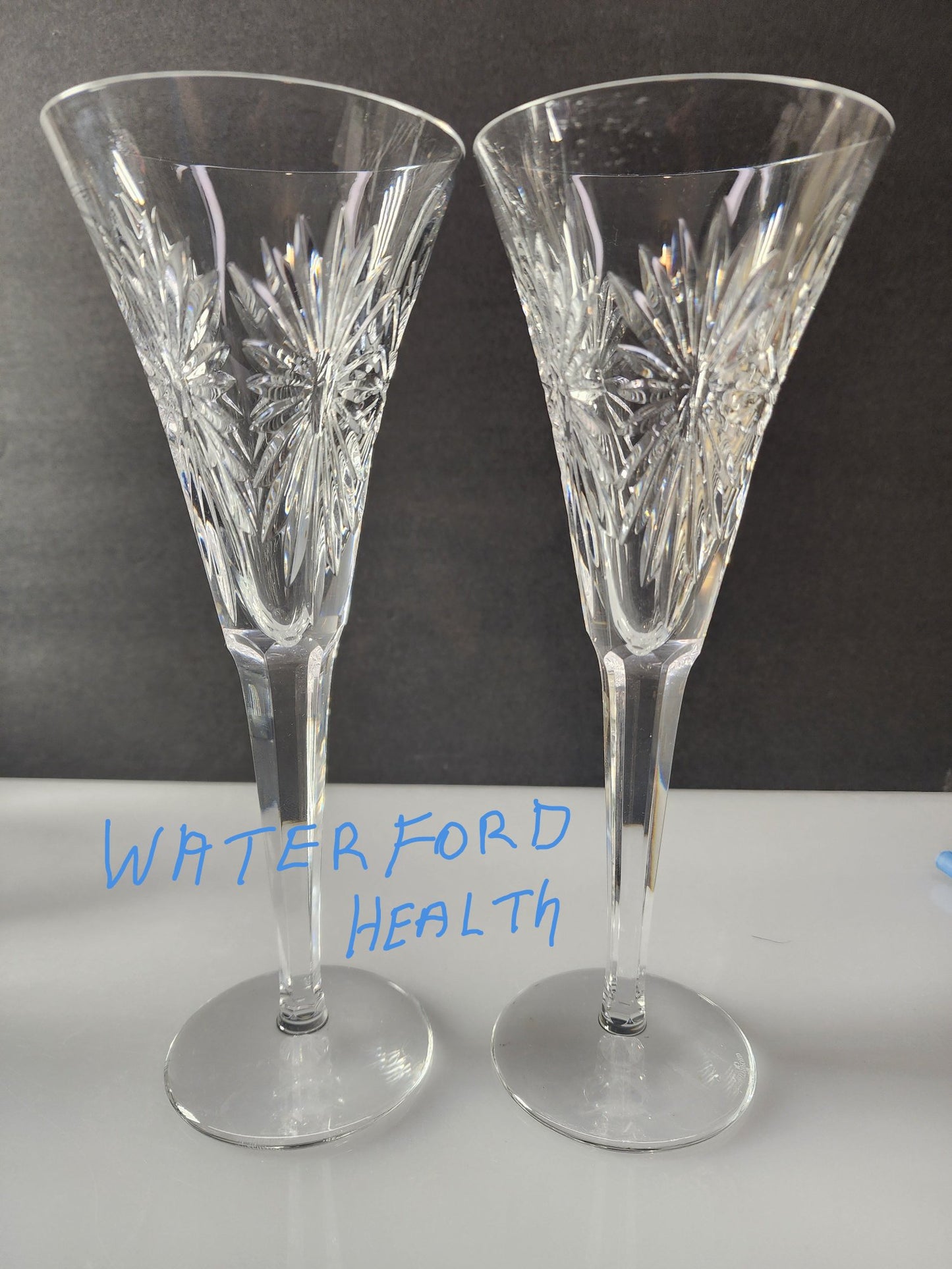 Signed Waterford CUT GLASS health Toasting Flutes pair crystal