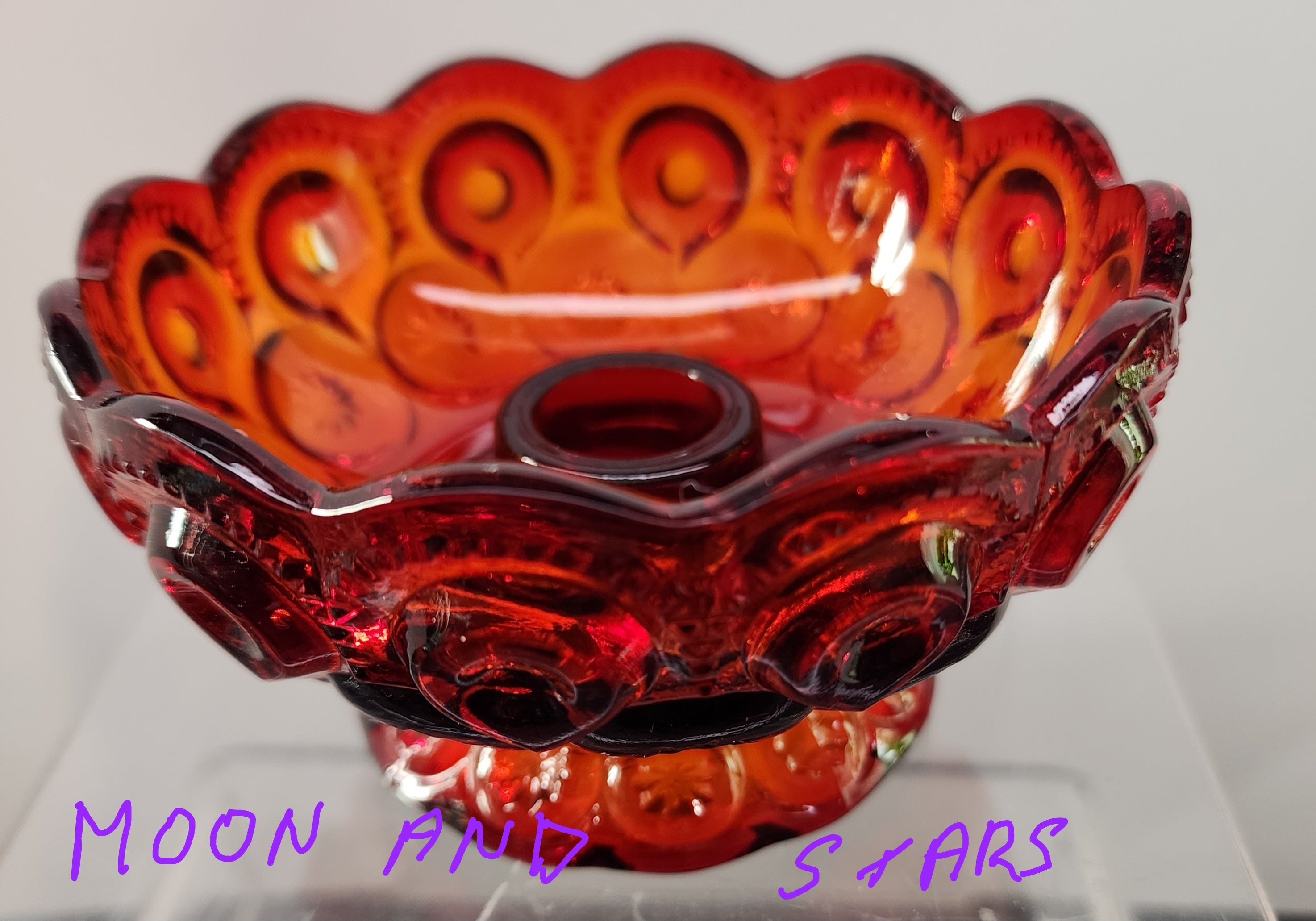 Le Smith Amberina Glass Ruffled Fire Red .nCenterpiece bowl and 2 store candle holders