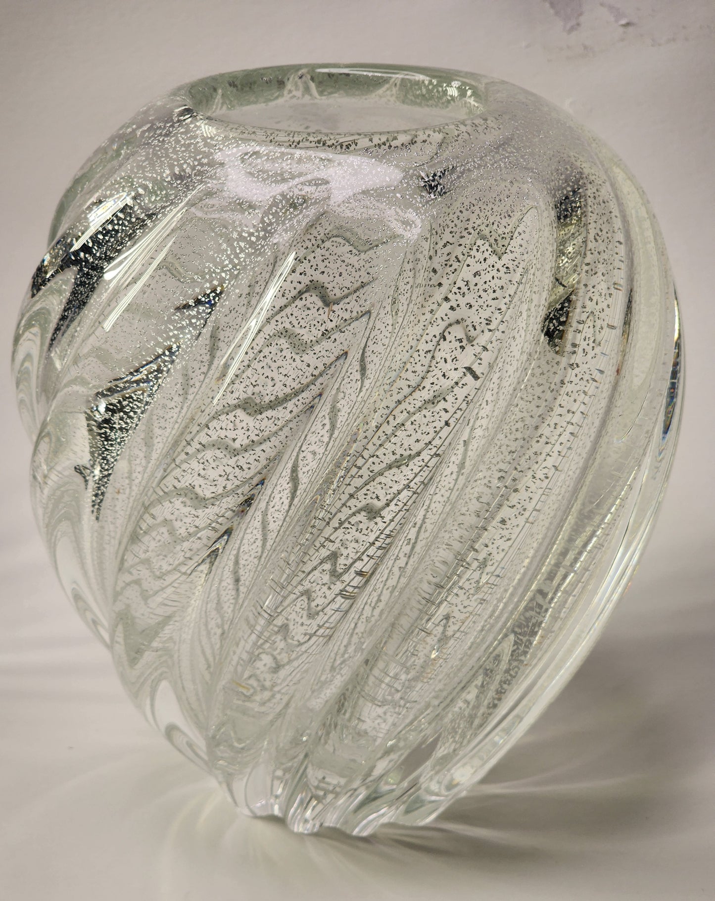 Ribbed silver spec blown art glass vase