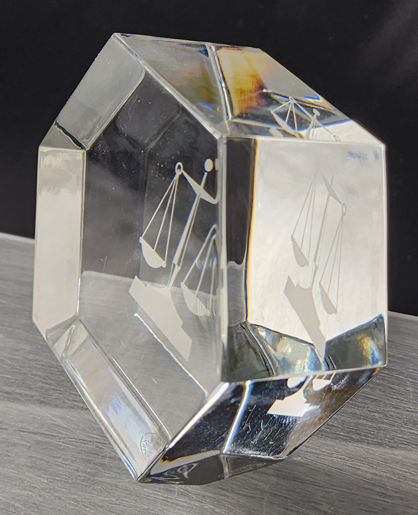 Signed Baccarat glass justice paperweight