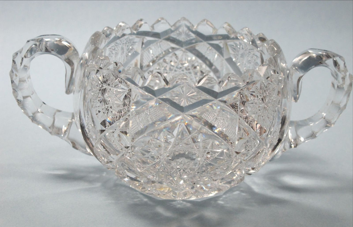 American Brilliant Period Cut Glass 2 handle large sugar Antique  abp hand cut - O'Rourke crystal awards & gifts abp cut glass