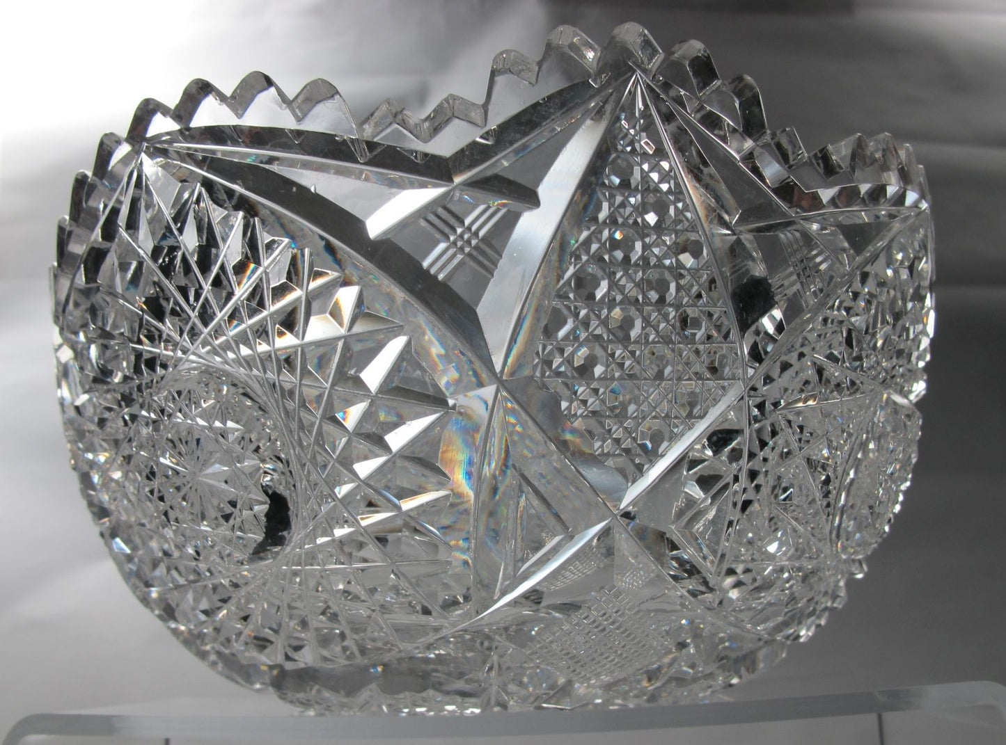 American Brilliant Period hand Cut Glass bowl ABP antique hobstar - O'Rourke crystal awards & gifts abp cut glass