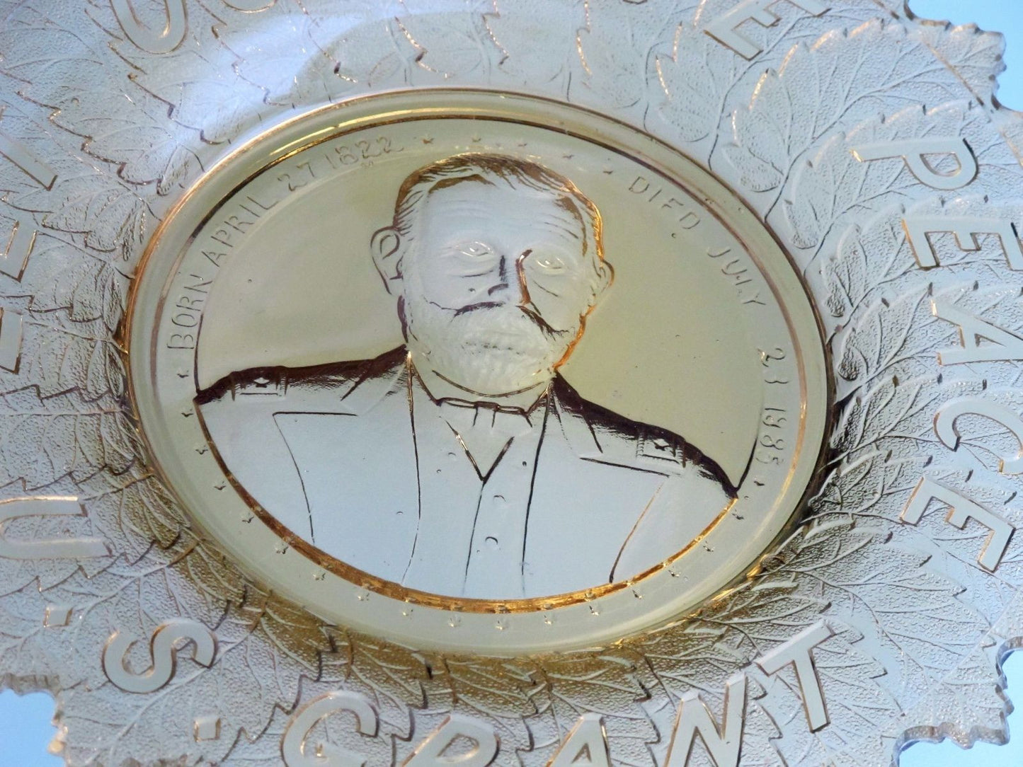 S.Grant amber "LET US HAVE PEACE" GLASS PLATE - O'Rourke crystal awards & gifts abp cut glass