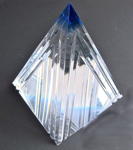 Cut Glass art pyramid optical sculpture blue tip. One of a kind signed - O'Rourke crystal awards & gifts abp cut glass