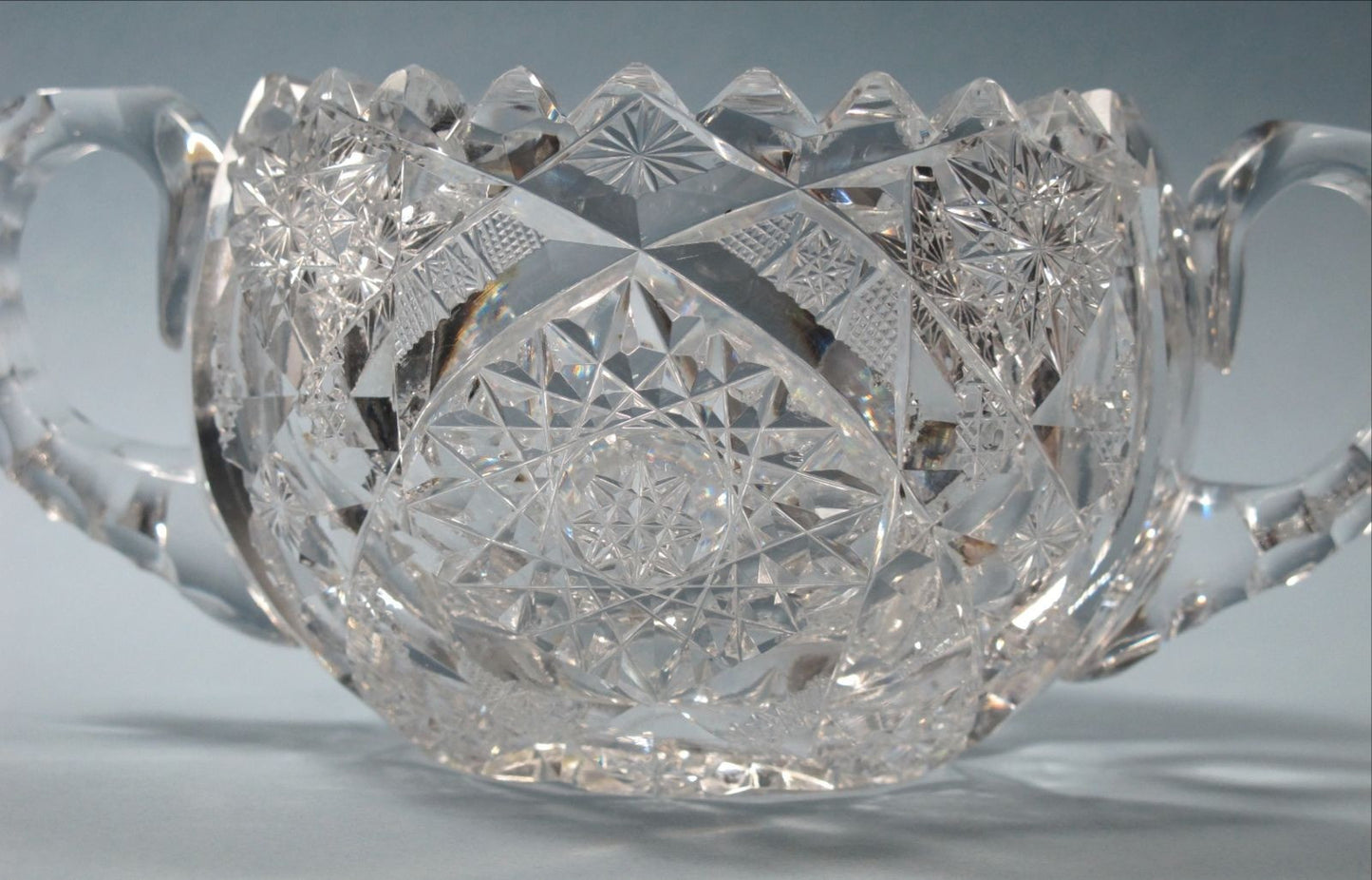 American Brilliant Period Cut Glass 2 handle large sugar Antique  abp hand cut - O'Rourke crystal awards & gifts abp cut glass