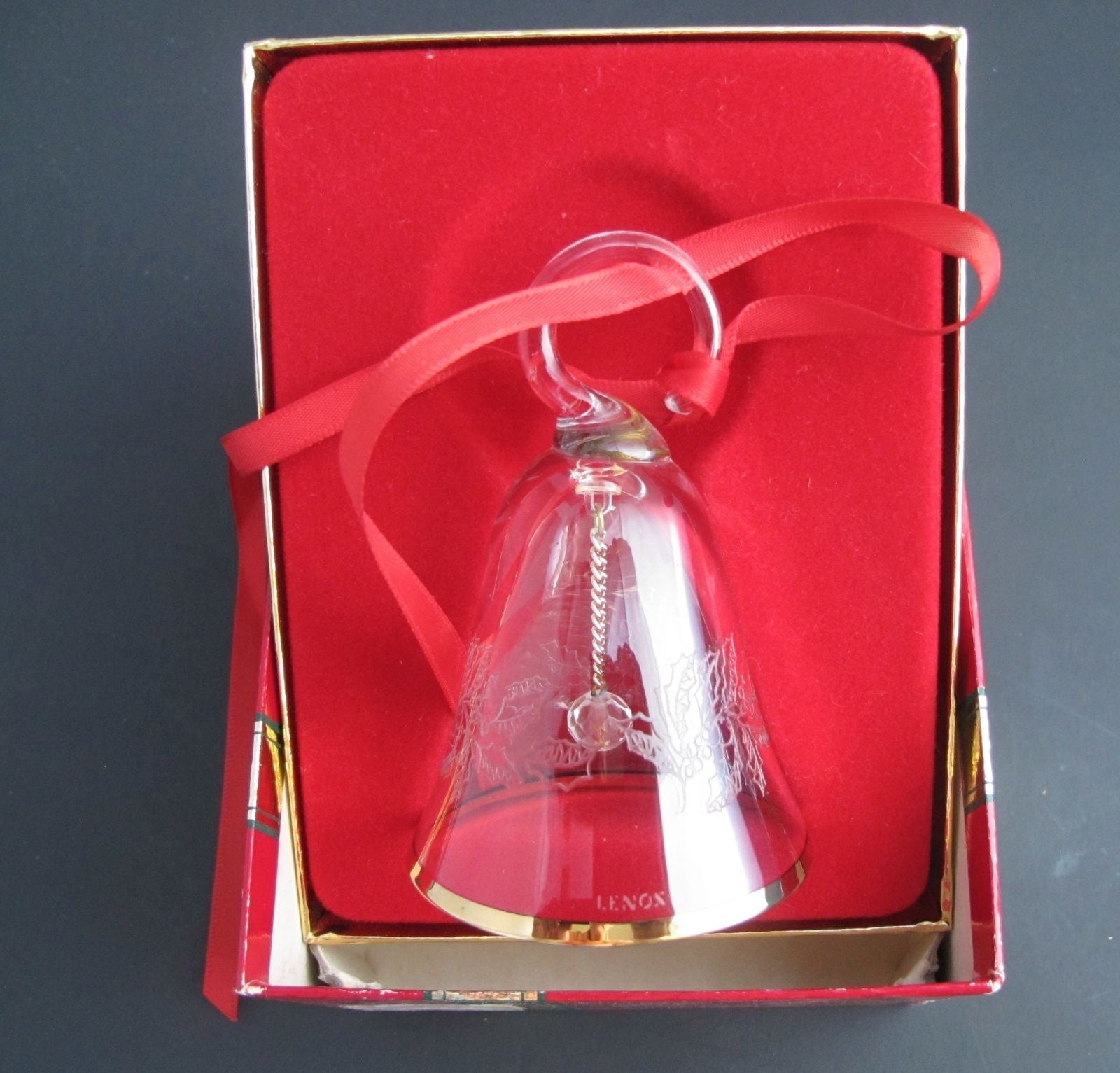 Lenox Crystal 1985 Holly  miniature bell ornament Hand blown Made in USA - O'Rourke crystal awards & gifts abp cut glass