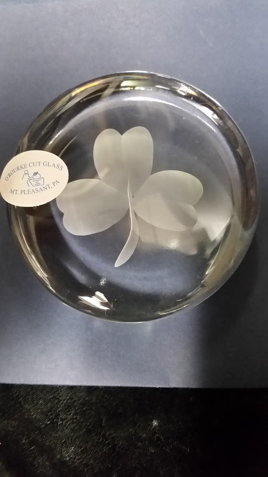 Shamrock  glass paper weight . Made in USA - O'Rourke crystal awards & gifts abp cut glass