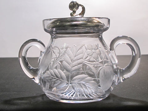 Hand Cut glass sugar Floral Strawberry silver lid