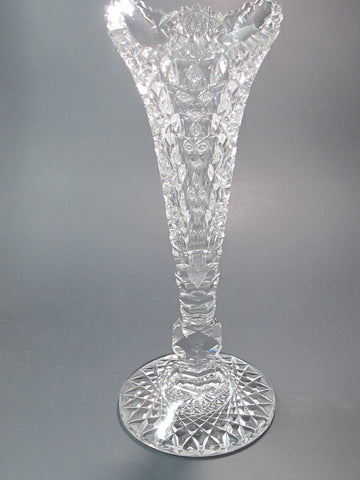 Repaired ABP cut glass Signed Hawkes Queens trumpet vase antique 14"