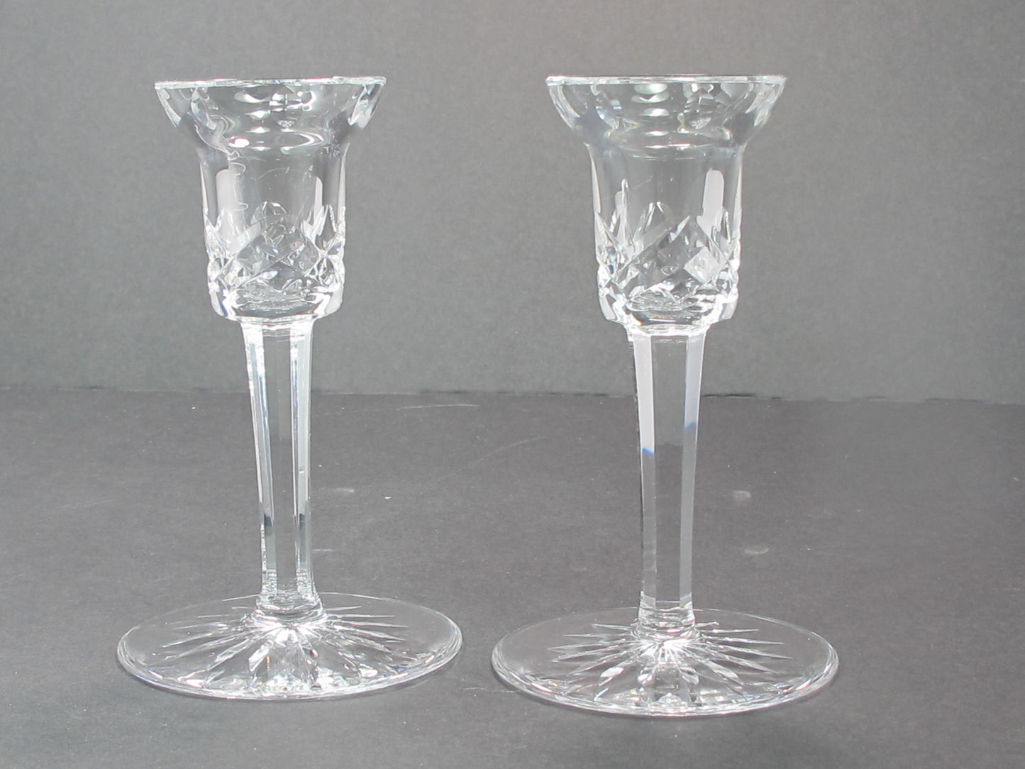 Signed Waterford CUT GLASS pair candle sticks