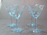 4 Hand cut glass cocktail glasses light blue