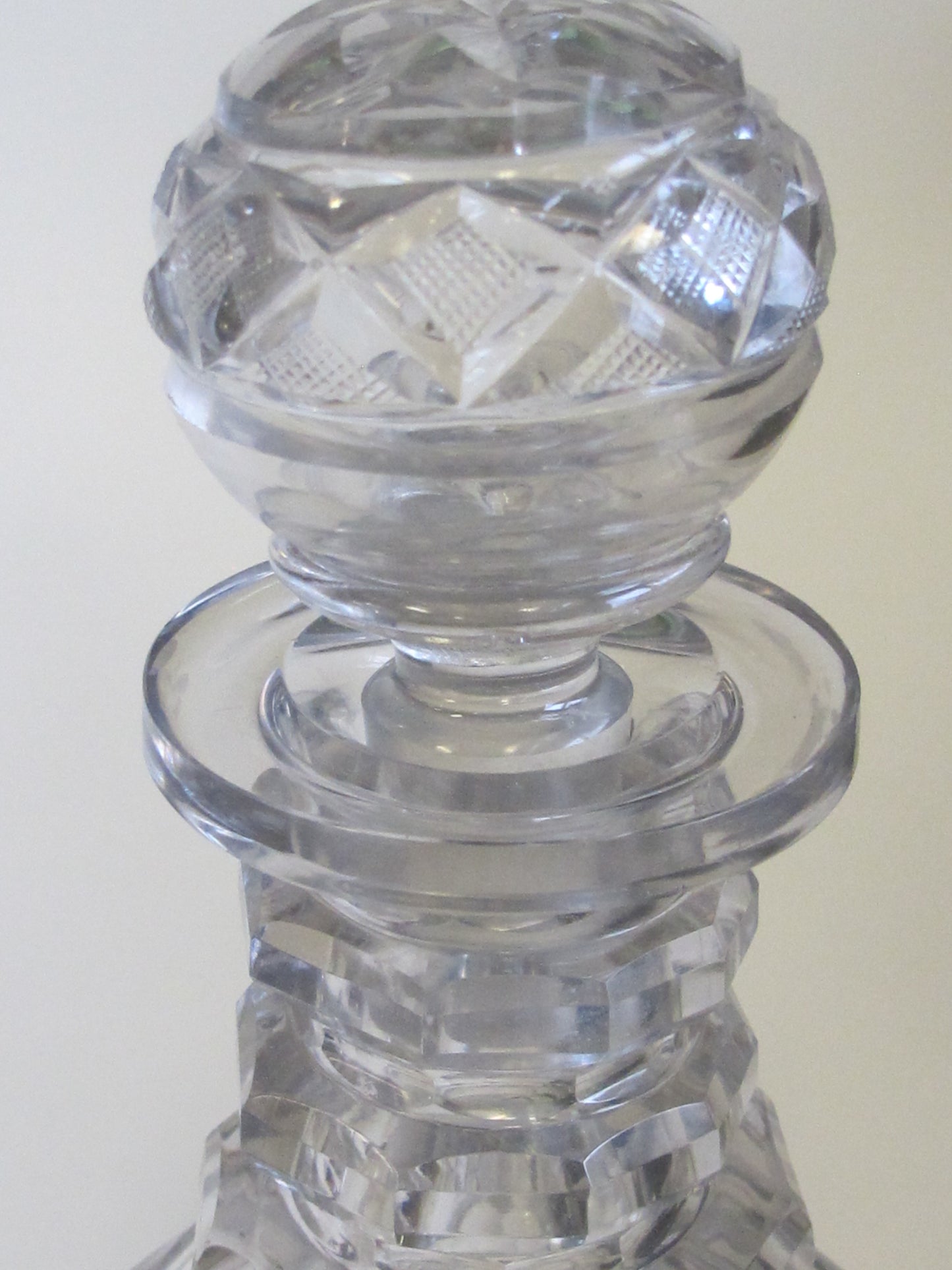 Hand Cut glass 3 ring neck decanter crosscut with matching stopper Antique