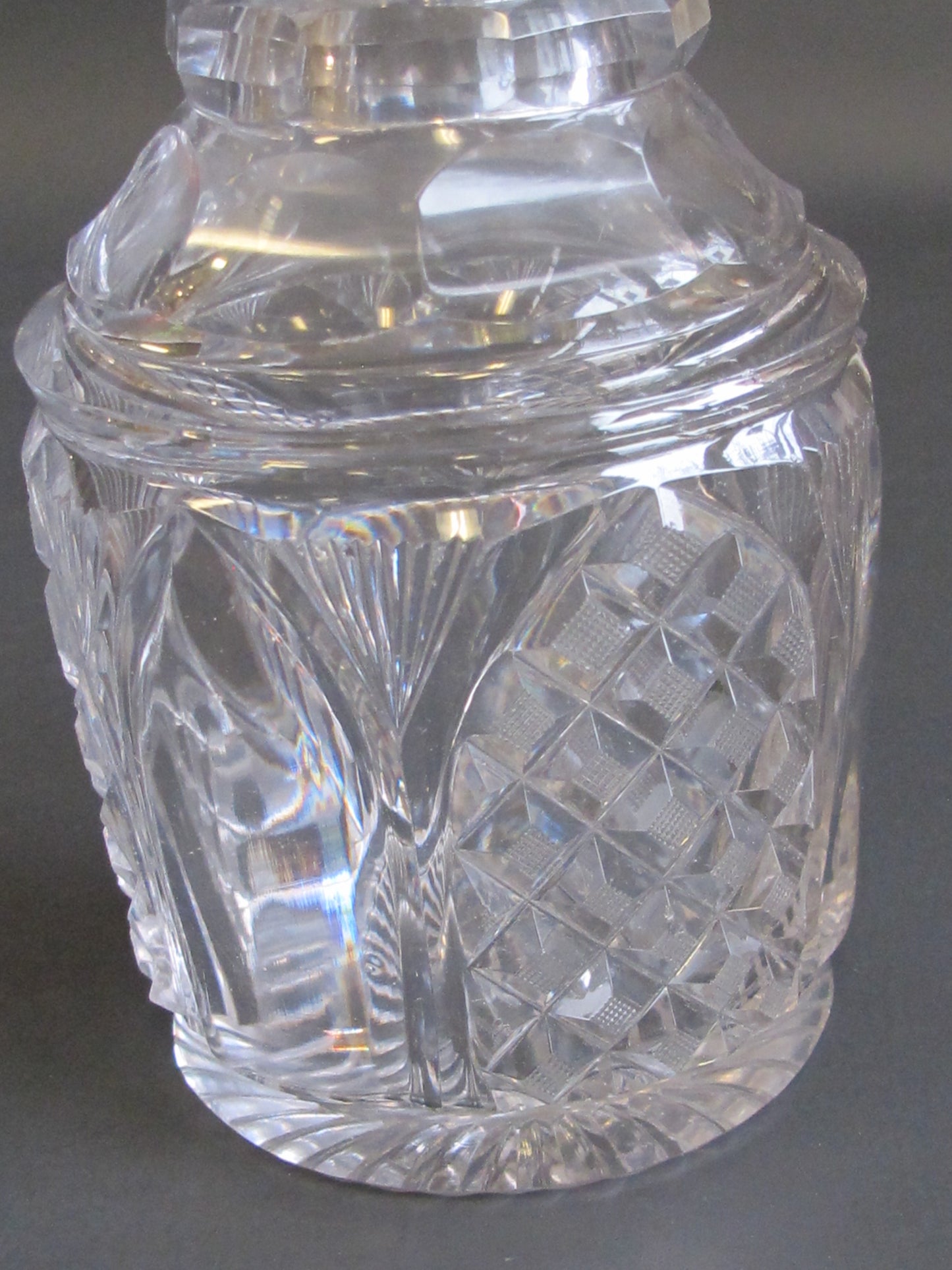 Hand Cut glass 3 ring neck decanter crosscut with matching stopper Antique