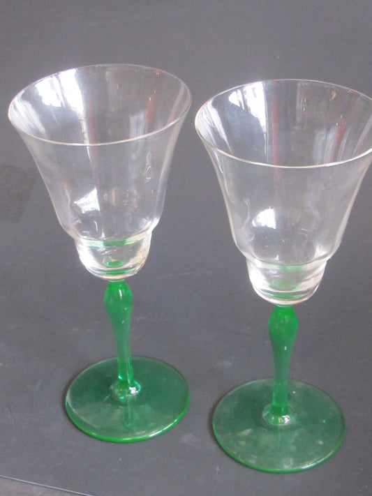 Green stem glass goblet Uranium stem and foot bowl is clear, 2 pieces