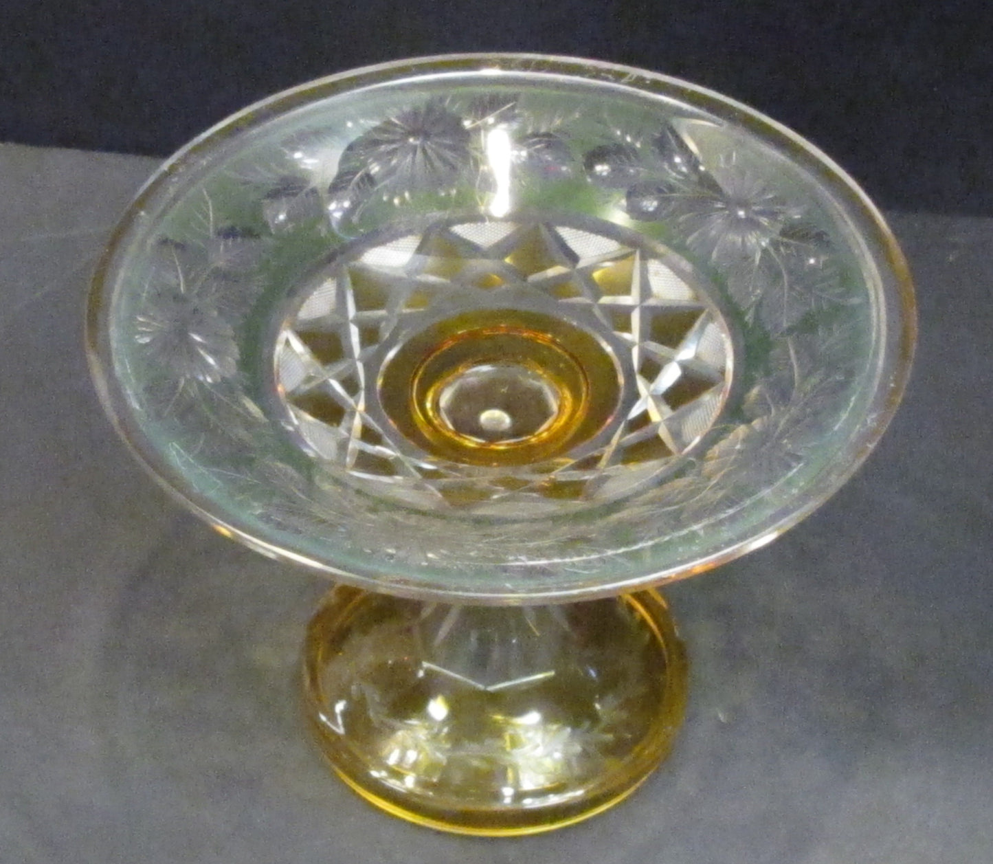 Cut Glass compote Antique green amber cut to clear