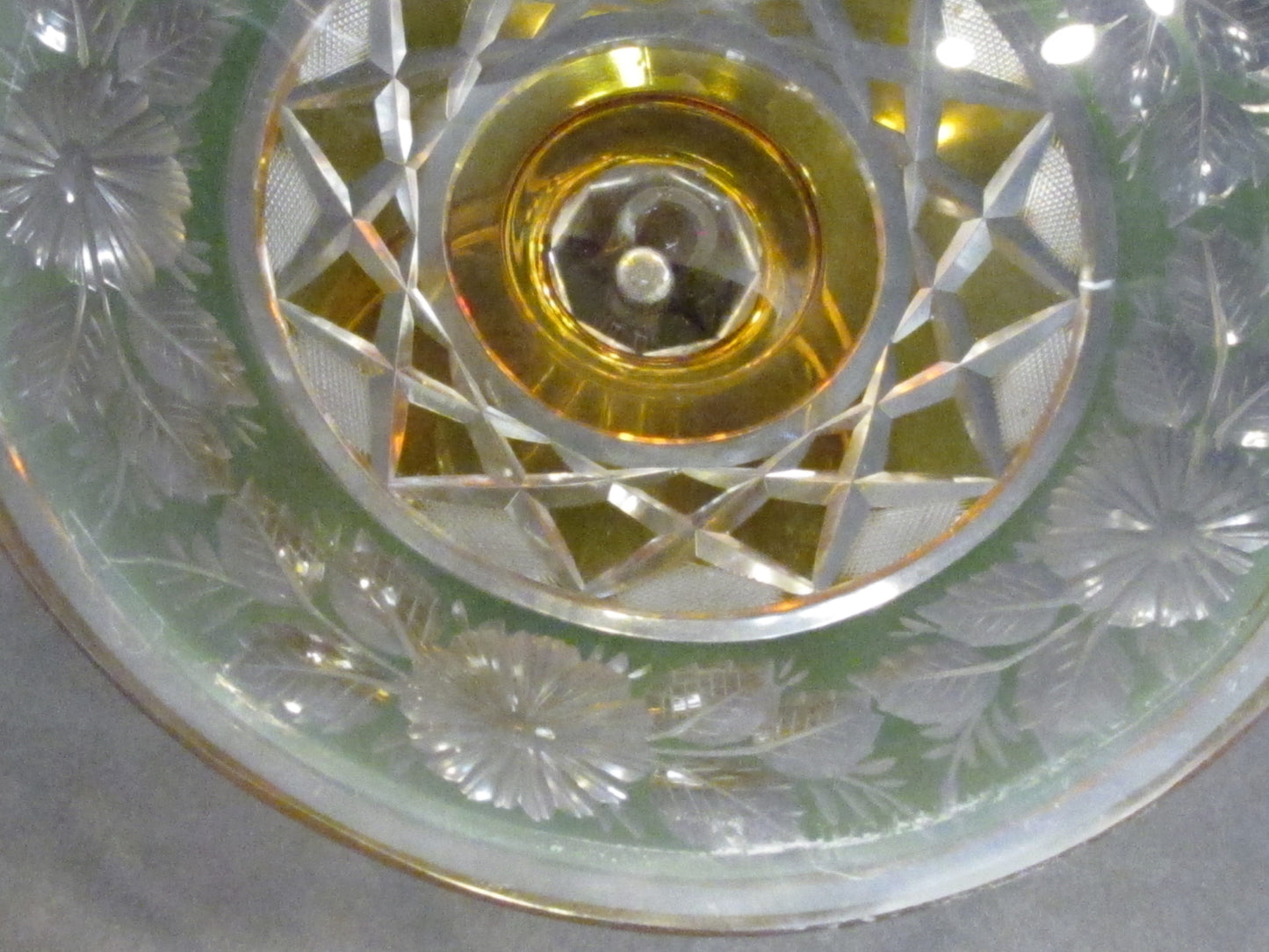Cut Glass compote Antique green amber cut to clear