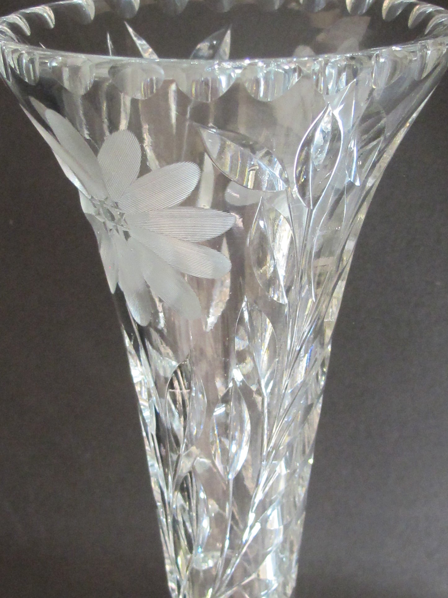 Cut glass trumpet vase antique 12"