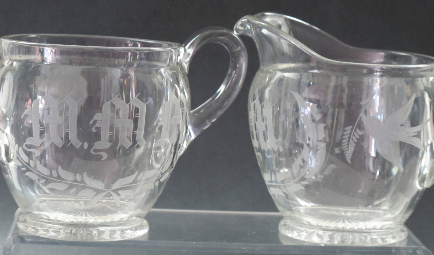 Cut Glass sugar and creamer, etched with initials MMM and bird - O'Rourke crystal awards & gifts abp cut glass