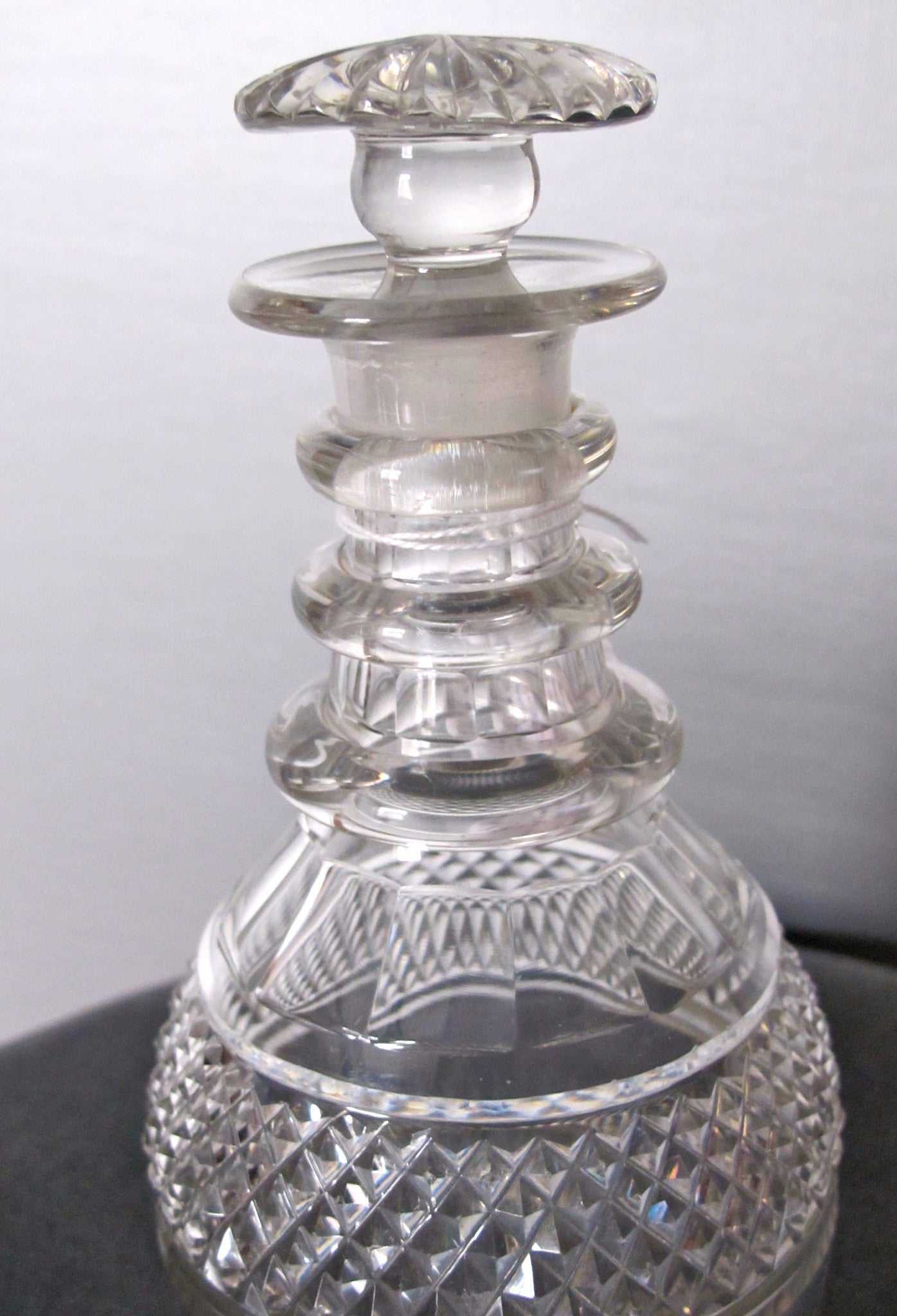 Hand Cut glass 3 ring neck decanter crosscut with mushroom stopper Antique - O'Rourke crystal awards & gifts abp cut glass
