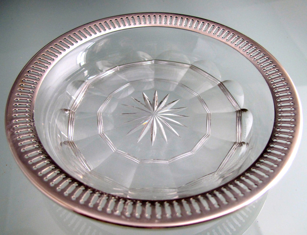 Home › Sterling silver rim Cut Glass dish Antique