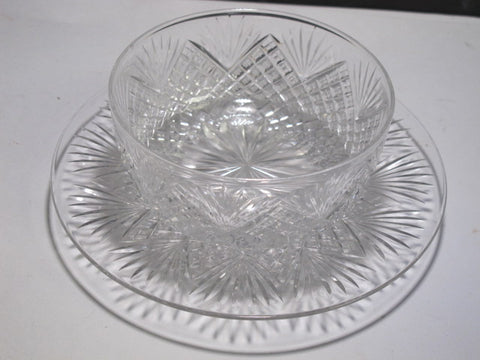 Cut Glass finger bowl + underplate strawberry diamond fan Antique crystal