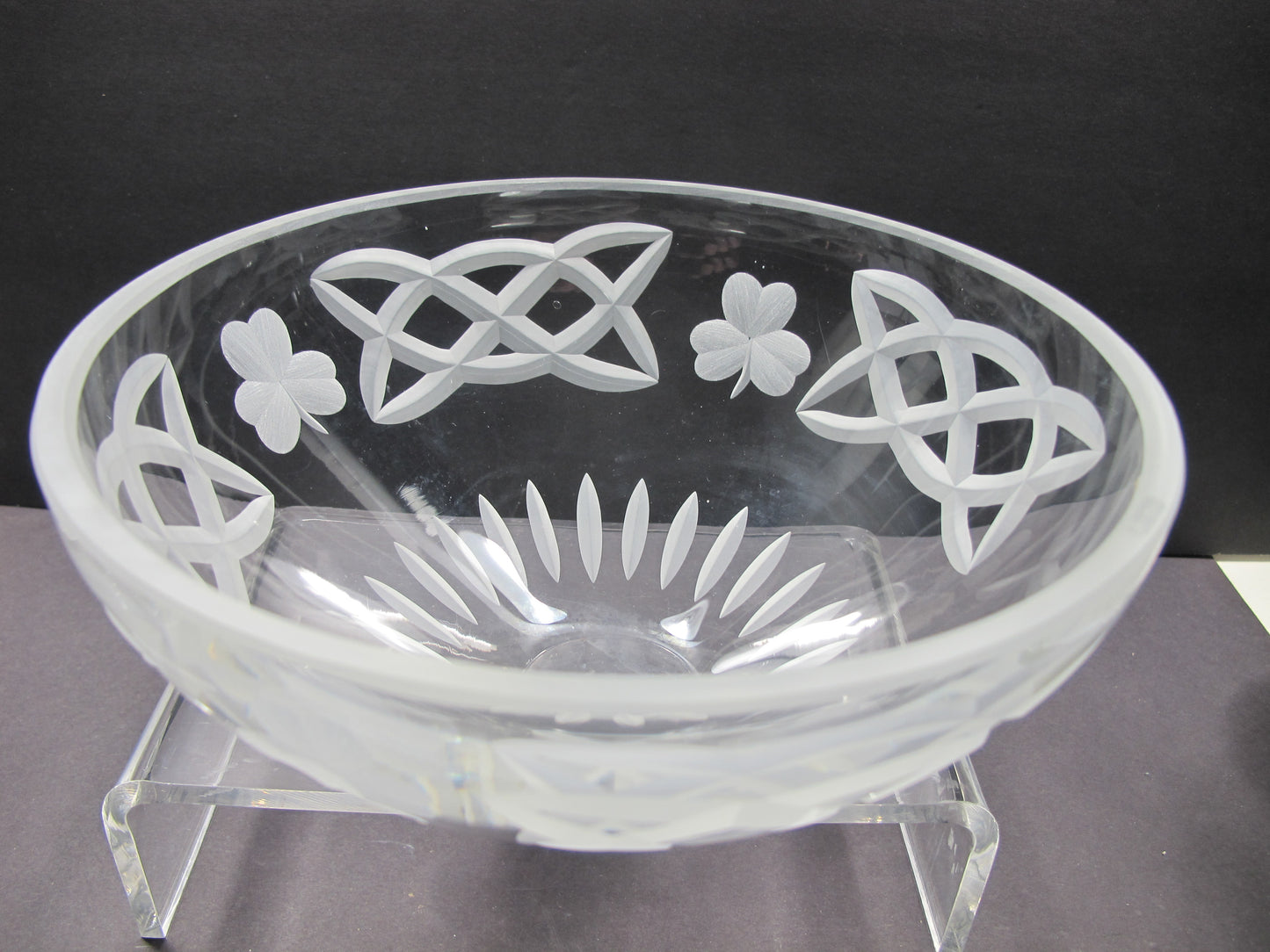 Hand cut glass bowl Celtic Shamrock pattern